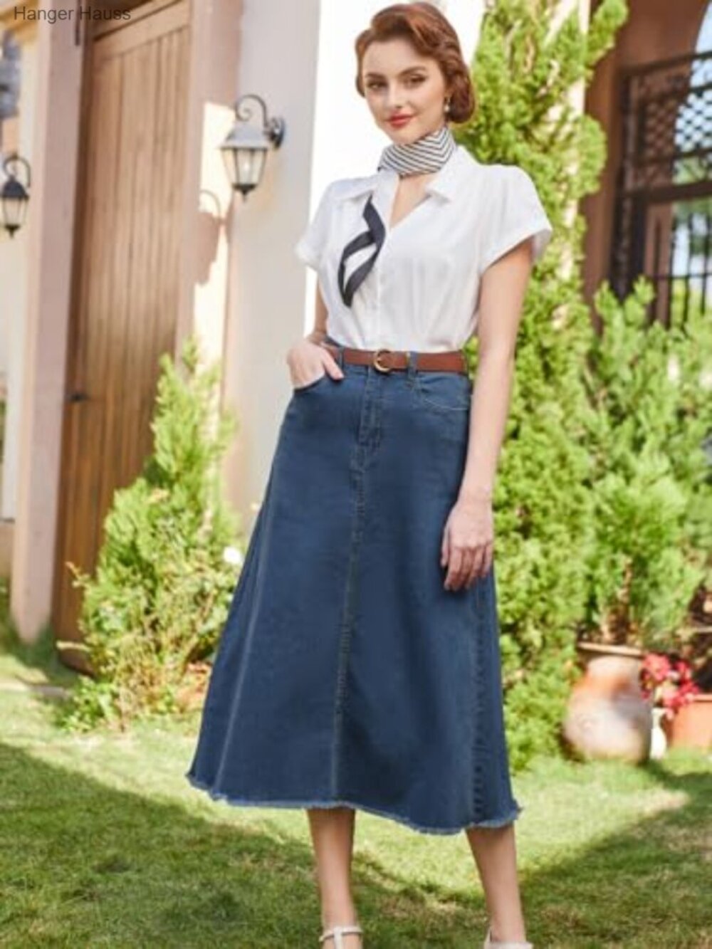 High Waist Raw Hem A-Line Maxi Denim Skirt with Pockets - Picture 3 of 7